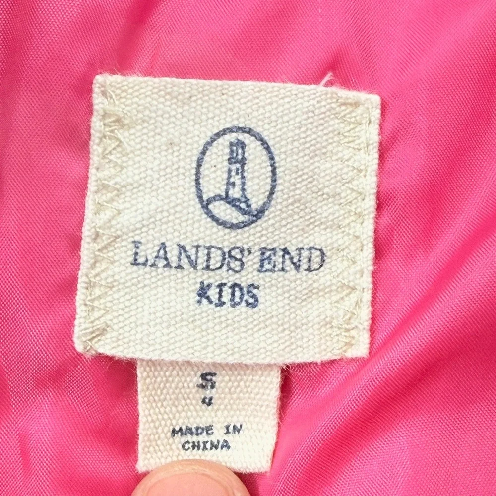 Lands End Kids Puffer Vest Navy Pink White Heart Print Size S 4 Full Zip Padded